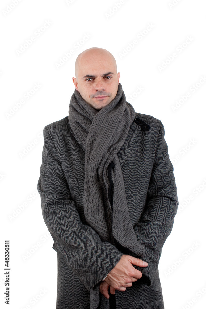 Bald man in tweed coat and scarf