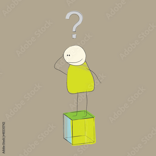 Person, standing on a cube with a question mark over his head, t