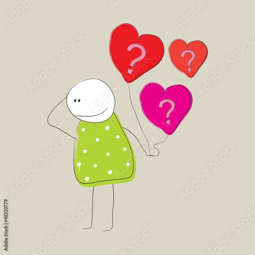 Girl with pink and red heart shaped balloons with question marks