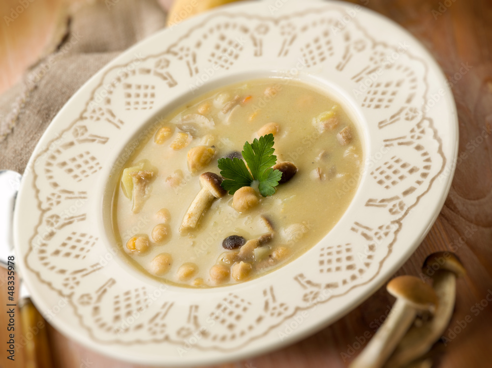 soup with chickpeas mushroom and potatoes, selective focus soup with chickpeas mushroom and potatoes, selective focus