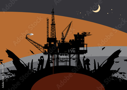 Oil rig in sea abstract, vector