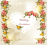 Beautiful wedding invitation card with lace heart and roses