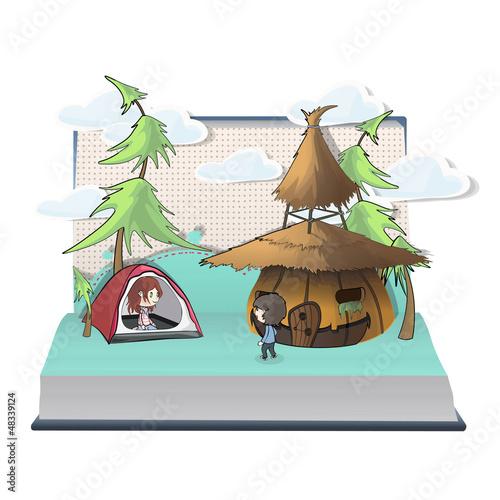 Children in camping inside a Pop-Up book. Vector illustration. 