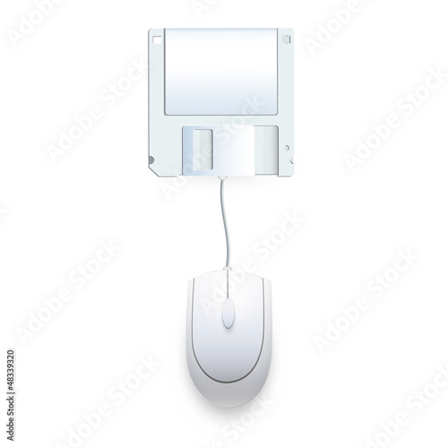 Computer mouse connected to a diskette. Vector design, 