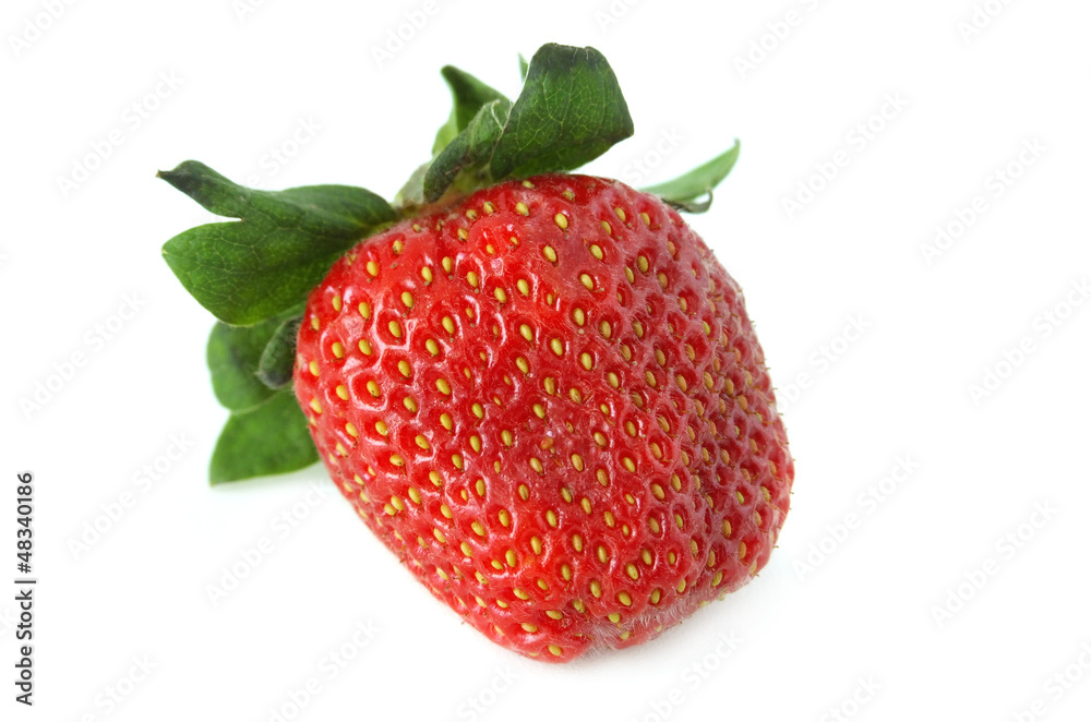 Red strawberry with green leaves on a white background Red strawberry with green leaves on a white background