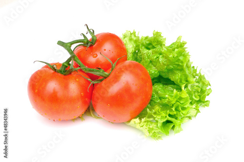 Tomatoes and salad, isolated on white background.