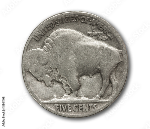 Buffalo nickel coin isolated on white