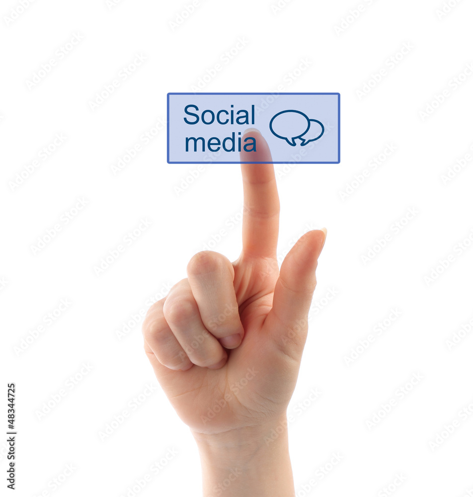 Hand pressing social media button on white background.. Hand pressing social media button on white background..