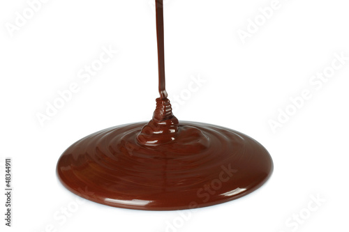 Chocolate flow on white background.