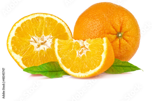 Fototapeta Naklejka Na Ścianę i Meble -  close up of orange with leaves, isolated on white