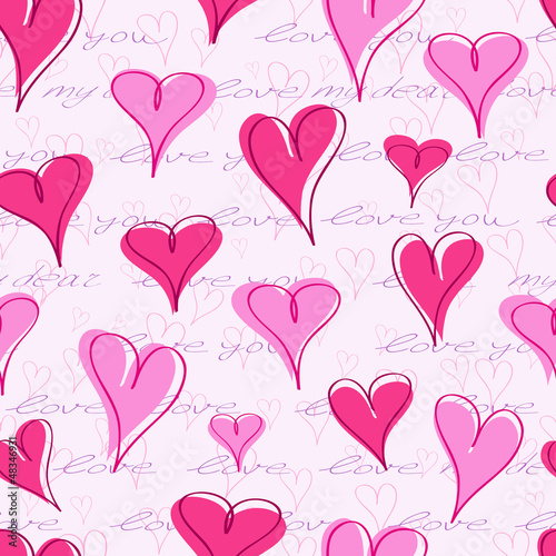 Seamless Pattern with Hand Writing Text and Hearts