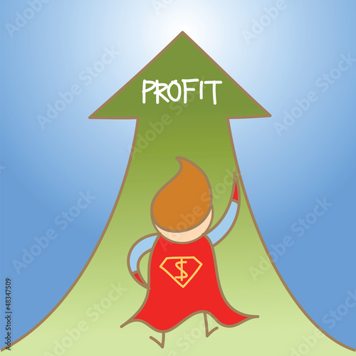 cartoon character of super man get profit up