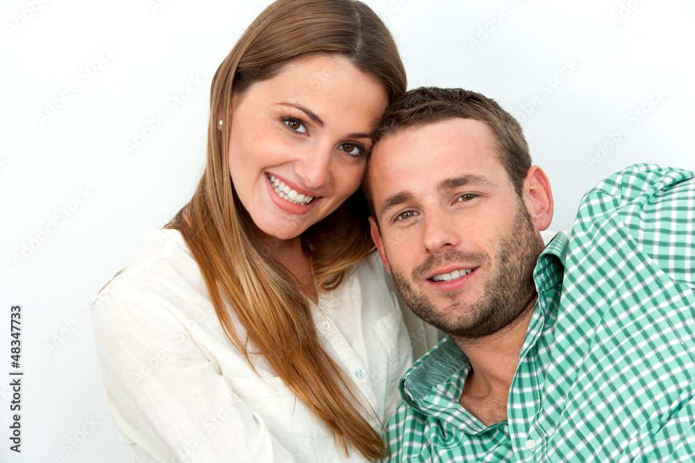 Portrait of handsome couple with heads together. Portrait of handsome couple with heads together.