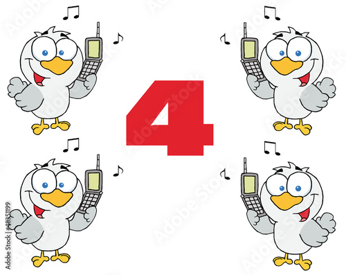 Red Number 4 With Text And Calling Birds Holding A Cell Phones