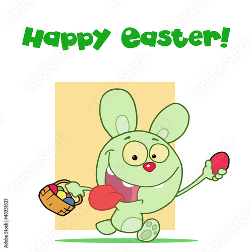 Happy Easter Greeting Above A Green Rabbit Running With Eggs