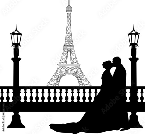 Wedding couple in front of Eiffel tower on Valentine s day