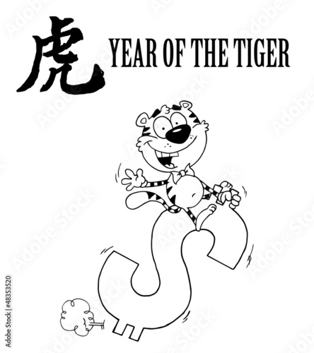 Outlined Happy Tiger Riding On A Dollar Symbol