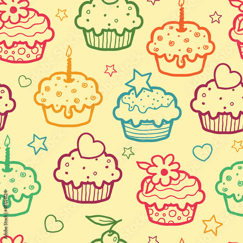 Vector colorful muffins seamless pattern background with hand