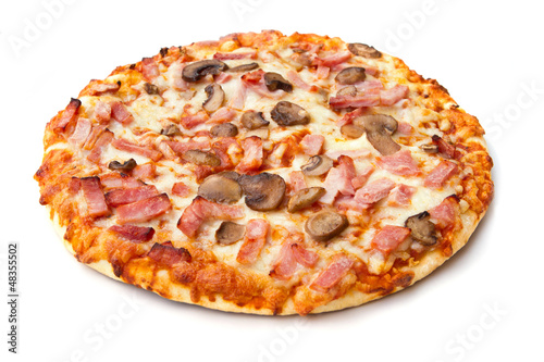 ham and mushroom pizza on white