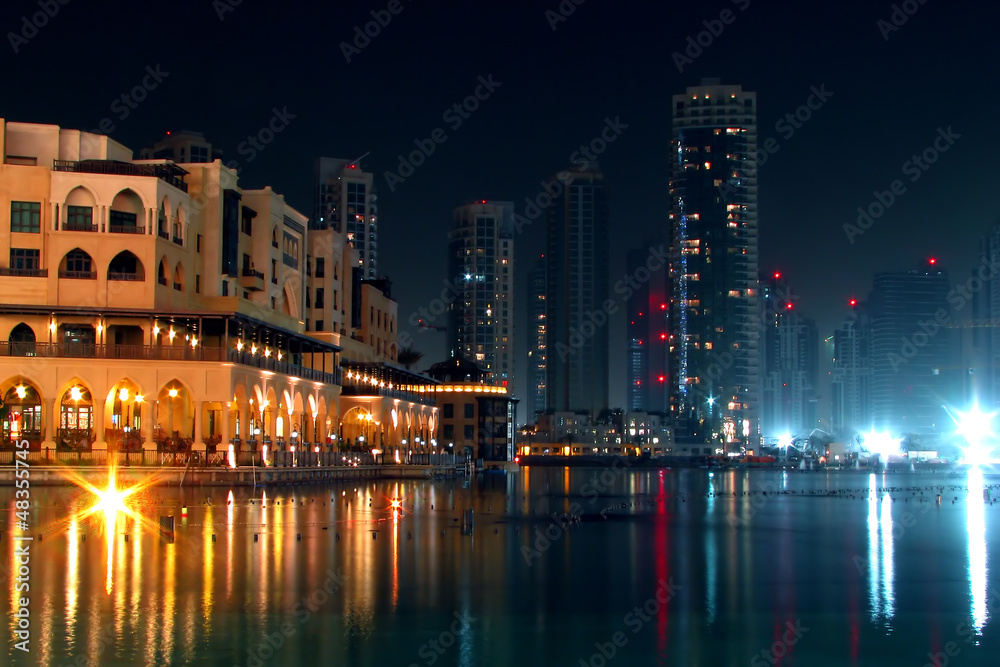 Skyscrapers in Dubai at night.