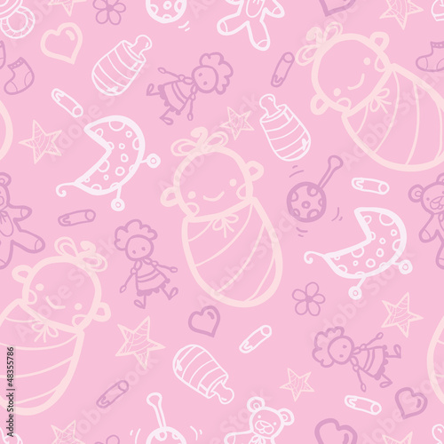 Vector baby girl pink seamless pattern background with hand