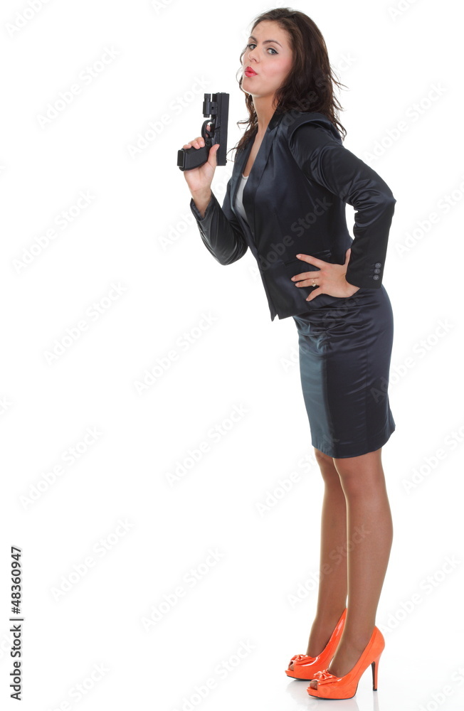 Young brunette woman with gun isolated on white Young brunette woman with gun isolated on white
