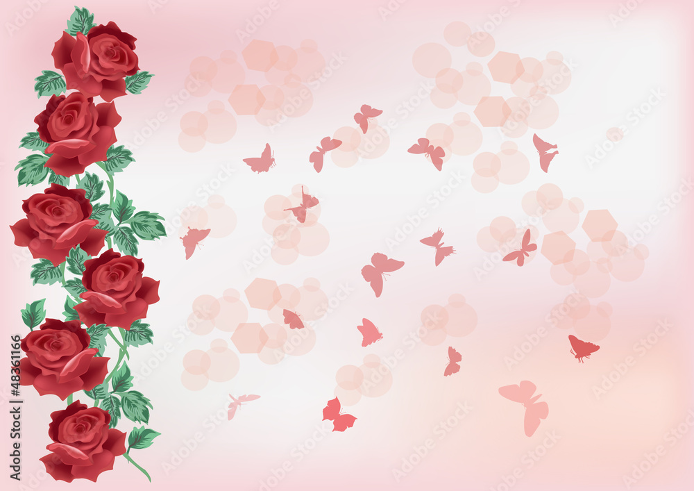 design with red roses and small butterflies