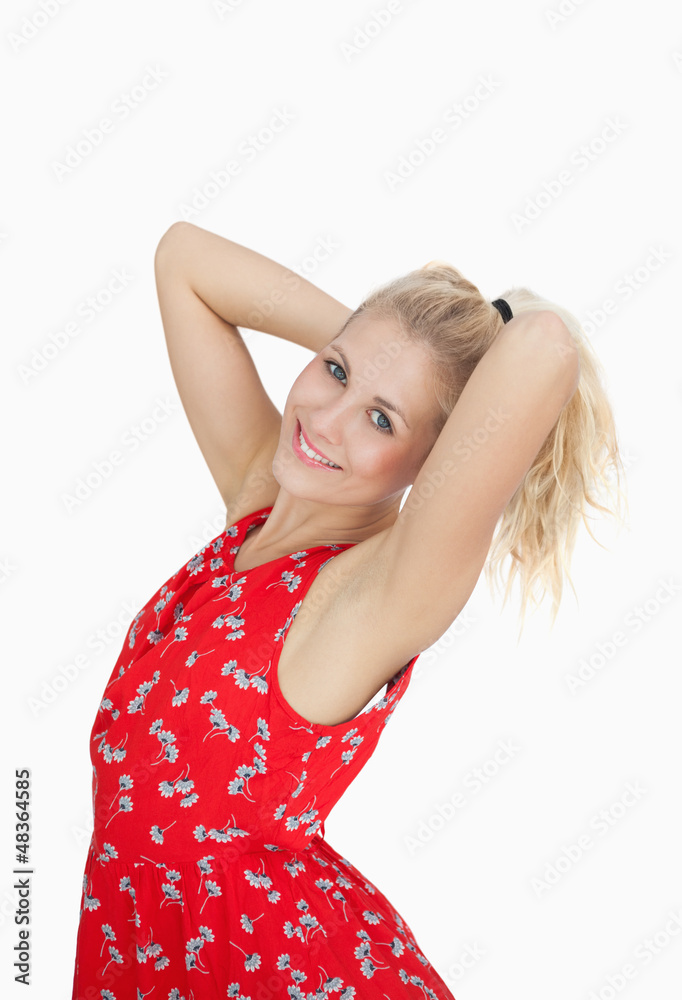 Portrait of young woman in red summer dress Portrait of young woman in red summer dress