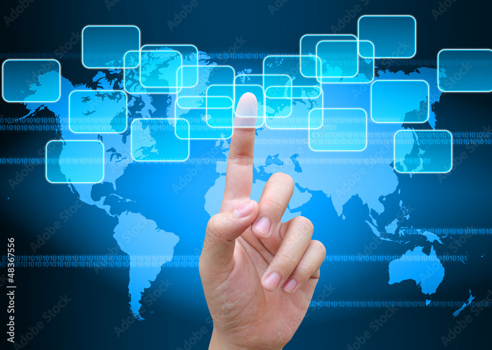 hand pushing button on a touch screen interface hand pushing button on a touch screen interface