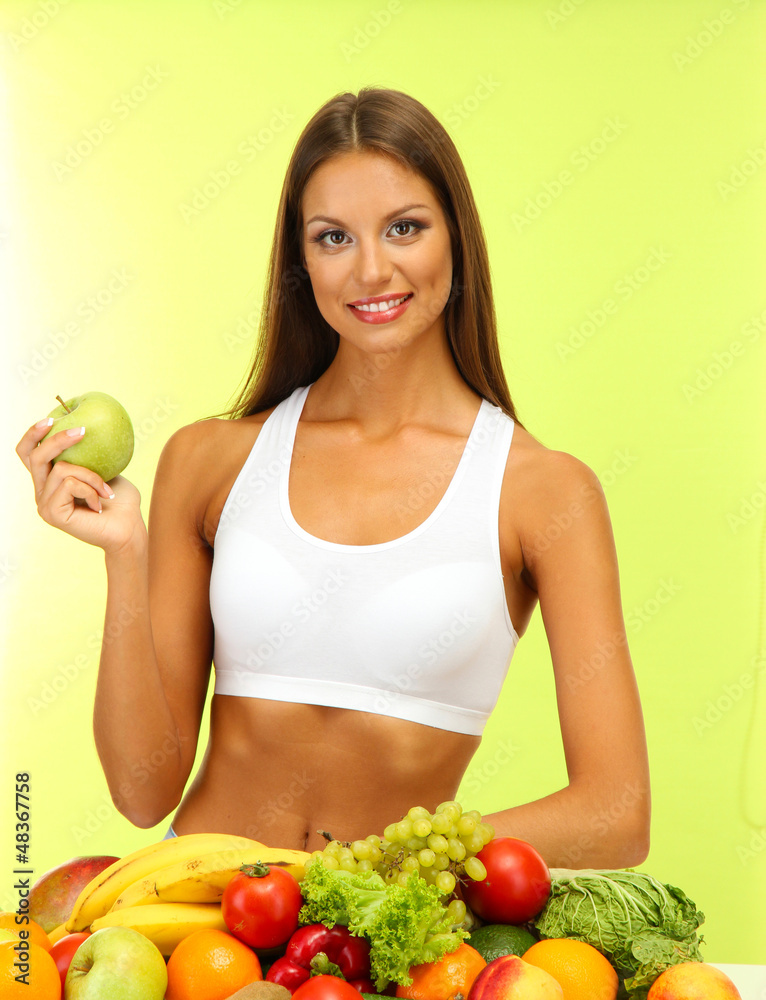 beautiful young woman with fruits and vegetables, beautiful young woman with fruits and vegetables,