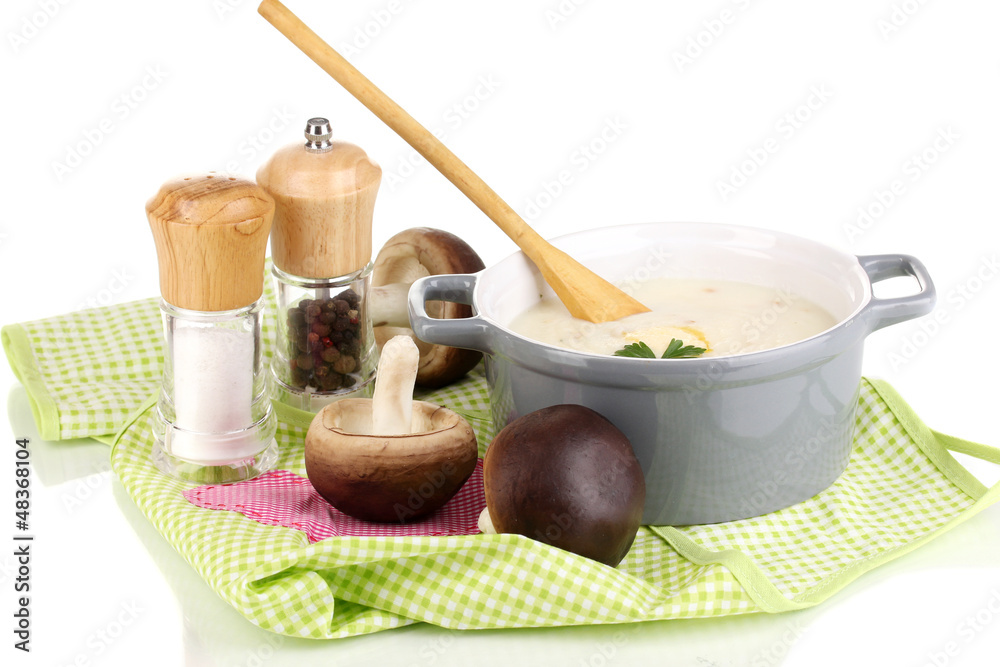 Mashed potatoes in saucepan with ingredients isolated on white Mashed potatoes in saucepan with ingredients isolated on white