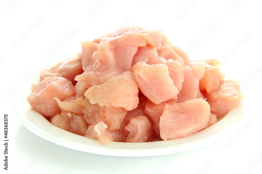 raw chicken meat on plate, isolated on white