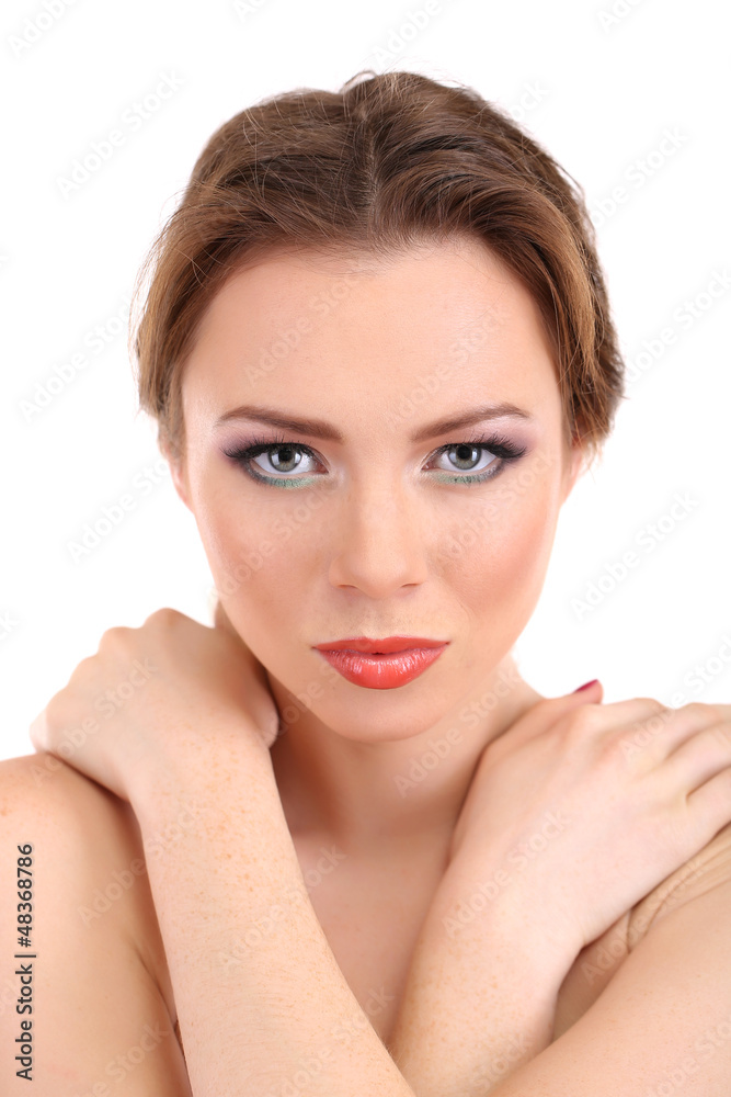 Beautiful young woman with bright make-up isolated on white Beautiful young woman with bright make-up isolated on white