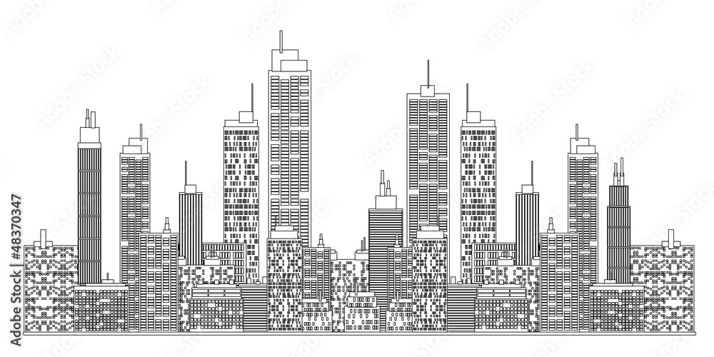 A blueprint style illustration of city skyline.