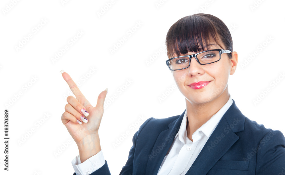 Close up of business woman showing with her finger, isolated Close up of business woman showing with her finger, isolated