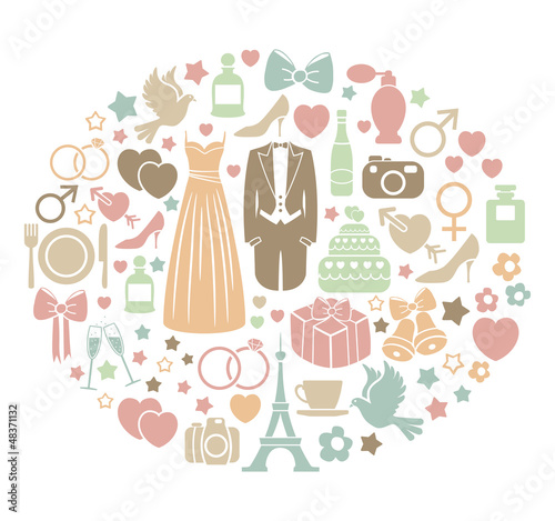 wedding invitation card with colorful icons