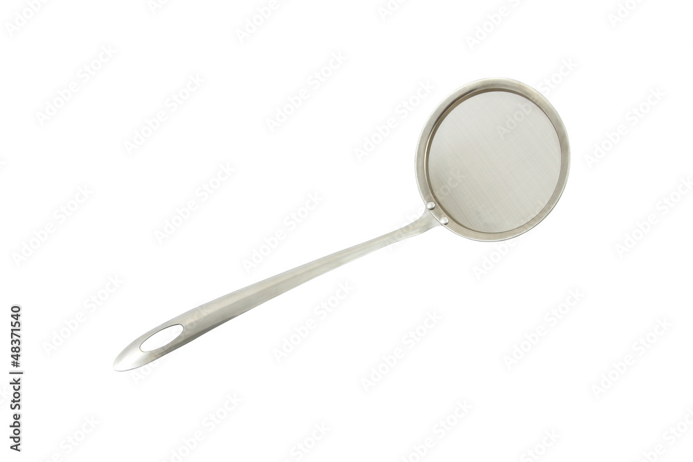 Metal colander from handle on white background. Metal colander from handle on white background.
