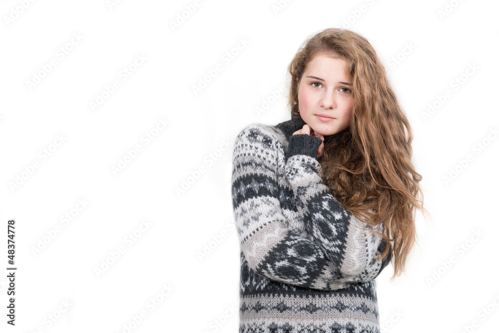 Beautiful blond woman wearing sweater isolated on white Beautiful blond woman wearing sweater isolated on white