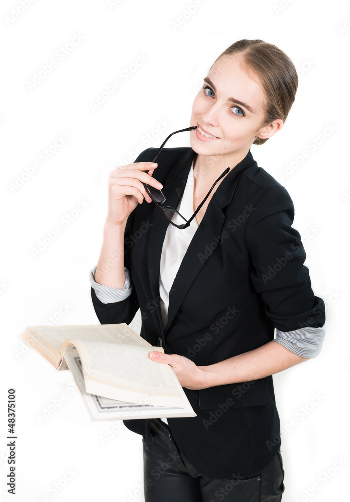 Happy business woman holding a book and glasses Happy business woman holding a book and glasses