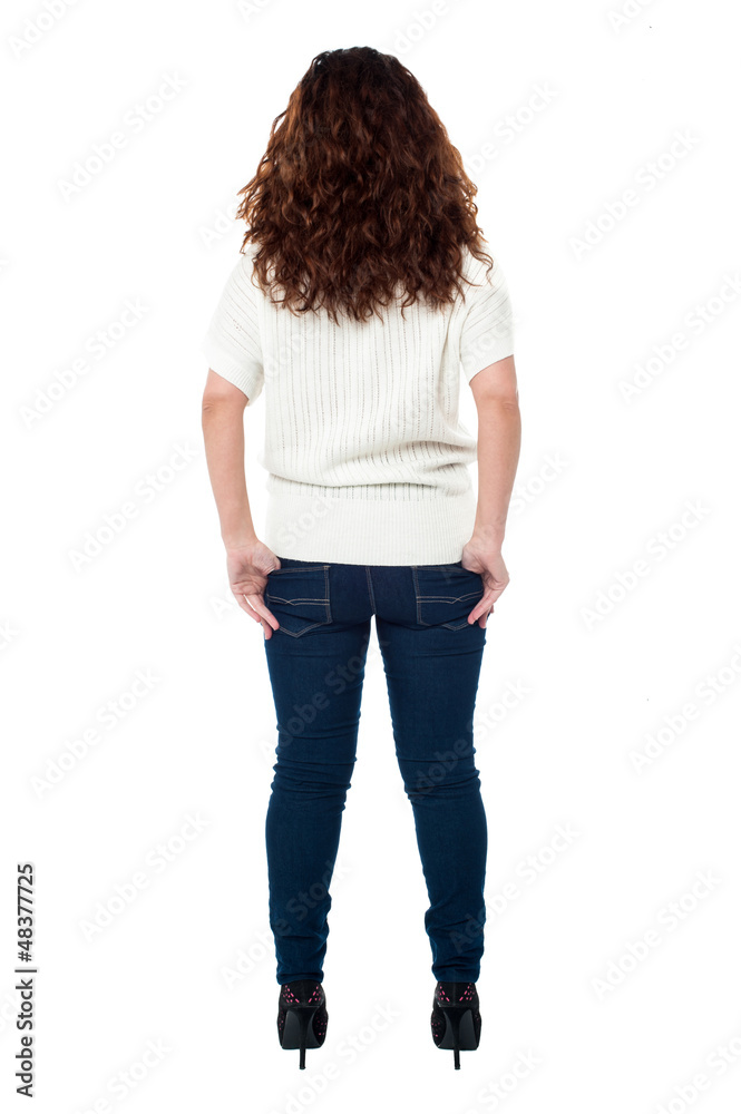 Back view of a long haired woman over white Back view of a long haired woman over white