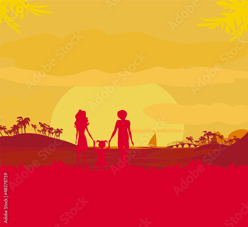 Family silhouette over tropical background