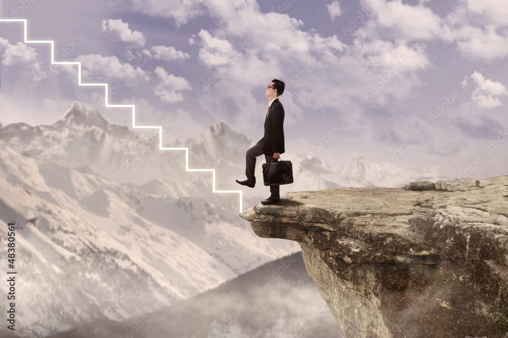 Business agent stepping on virtual stairs Business agent stepping on virtual stairs