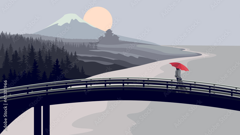 Bridge, woman with red umbrella, mountains and sea. Bridge, woman with red umbrella, mountains and sea.