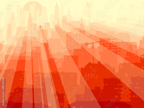 Abstract illustration of big city and rays of light.