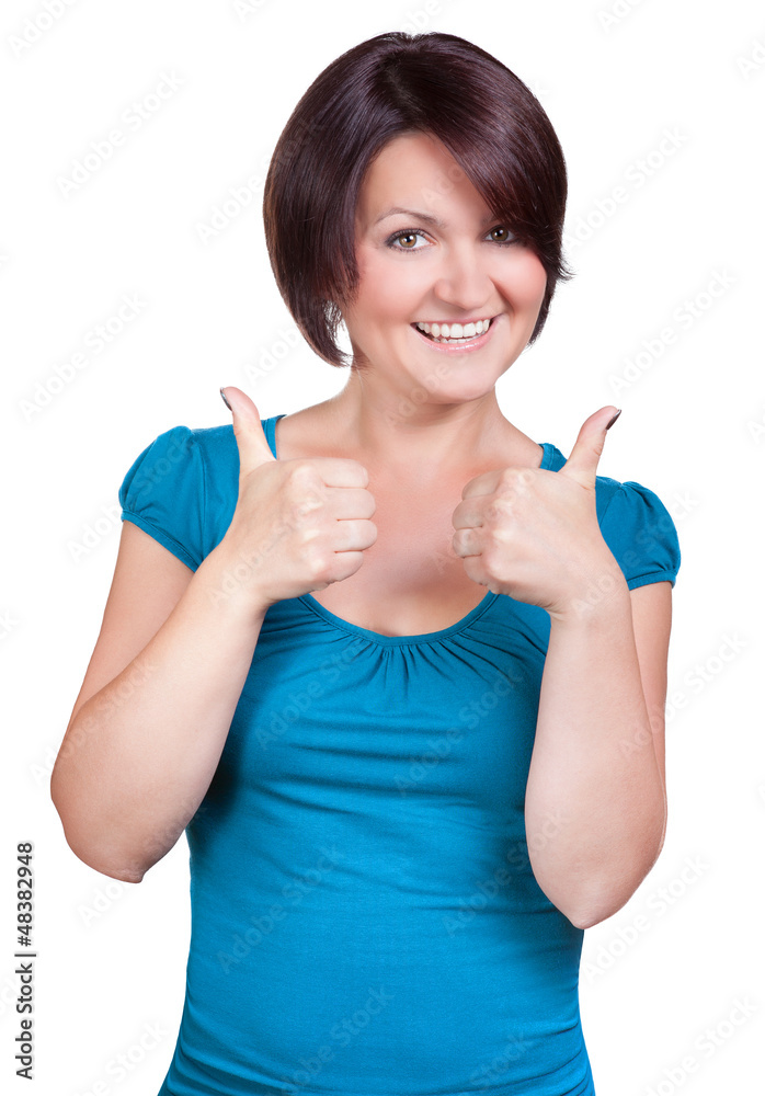 Junge Frau hebt optimistisch die Daumen Junge Frau hebt optimistisch die Daumen
