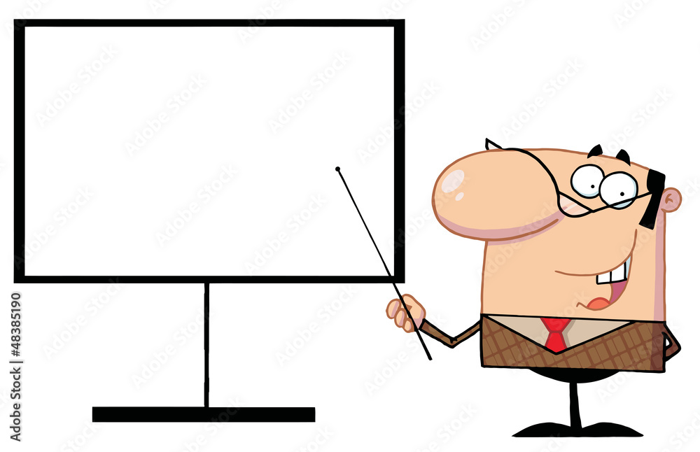 Businessman Pointing A Stick At A Blank Board Businessman Pointing A Stick At A Blank Board