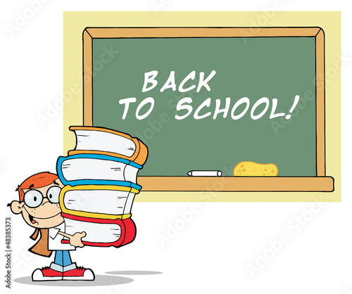 Student With Books In Front Of School Chalk Board