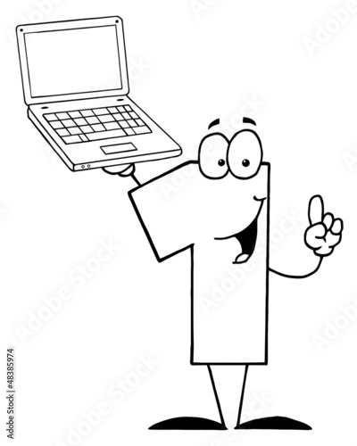 Outlined Number One Character Holding A Laptop