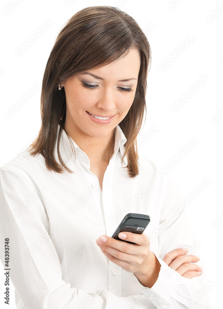 Happy businesswoman with cell phone, isolated Happy businesswoman with cell phone, isolated