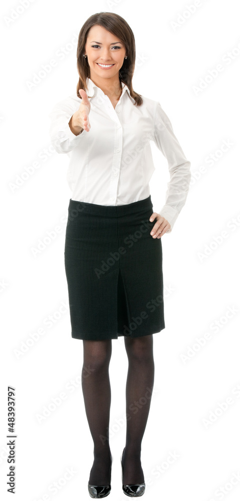 Businesswoman giving hand for handshake, on white